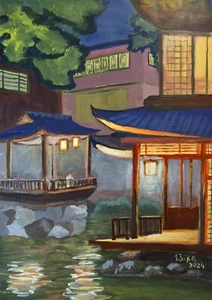 Night Japan Painting Original Art Old Cityscape House Modern Art Townscape - Picture 1 of 7