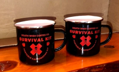 Pair of Death Wish Coffee Survival Kit Tin Coffee Mugs 2017 Original Unused Mint - Image 1 of 4