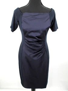 LAUREN RALPH LAUREN Midi Shift Dress Women Size 8 Blue Ruched Stretch Classic - Picture 1 of 16