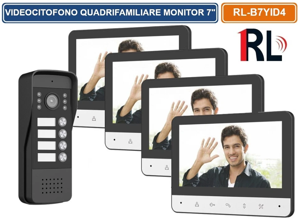 VIDEOCITOFONO QUADRIFAMILIARE 4PULSANTI 4MONITOR A COLORI 7" APERTURA ELETTROSE. - Immagine 1 di 4