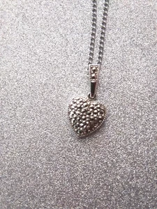 Signed THEDA Sterling Silver Marcasite Heart Pendant Necklace.16"Long,Ships Free - Picture 1 of 10