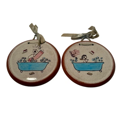 2 Evelyn Kern Pennsylvania Dutch Redware Folk Art Plaques Bathroom Humor - Image 1 of 4