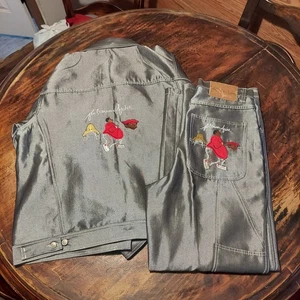 FUBU Platinum Fat Albert Silver/Grey Denim Suit Jacket & Pants Size 30 Rare Set - Picture 1 of 24