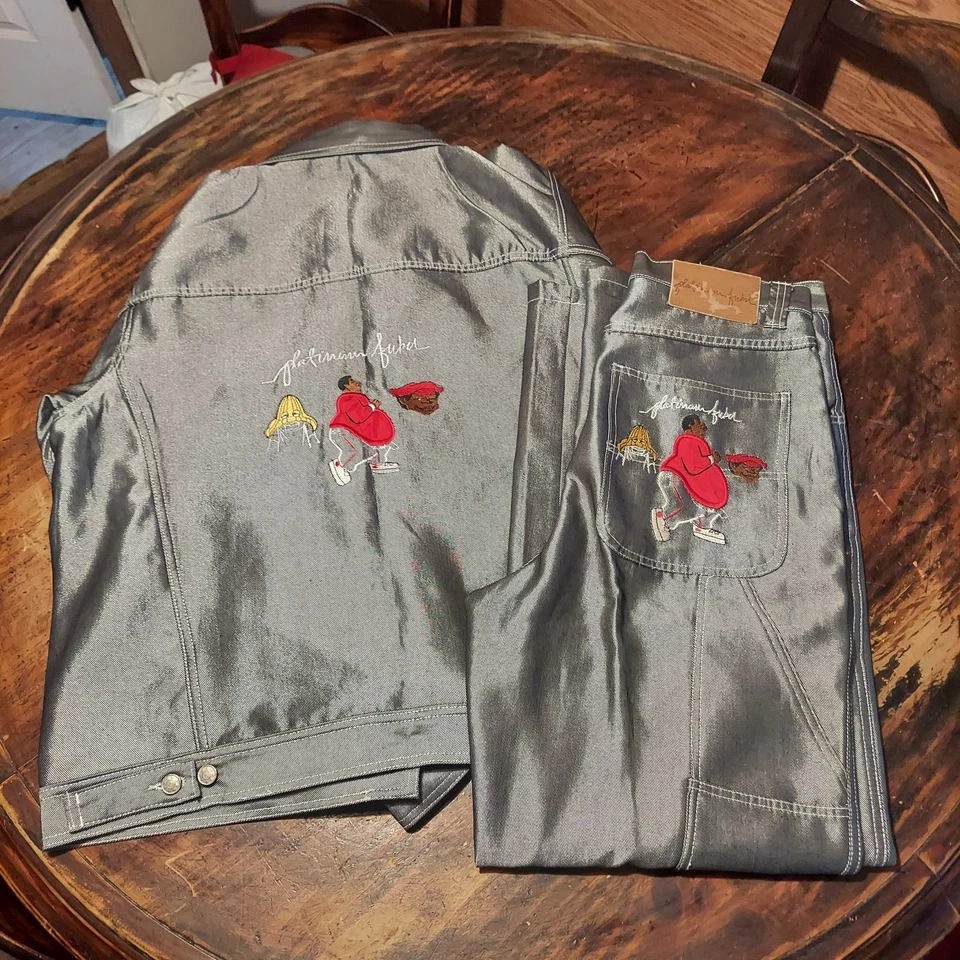 FUBU Platinum Fat Albert Silver/Grey Denim Suit Jacket & Pants Size 30 Rare Set - Image 1 of 4