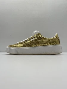 Womens Shoes Puma Basket Platform Gold Glitter Sneakers US 9.5 Lace Up - Picture 1 of 12