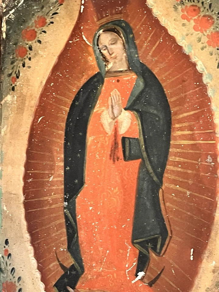 Antigua pintura religiosa del retablo mexicano sobre lata Foto 1 de 1