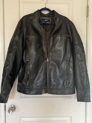 Chaqueta de cuero sintético remache negro para hombre grande, abrigo de motocicleta marrón envejecido Foto 1 de 4