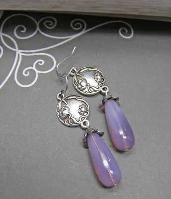 Art Nouveau Style Poppy Flower Earrings Lavender Pink Glass Opal Earrings - Image 1 of 4
