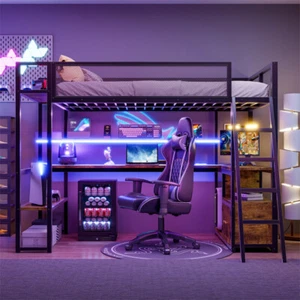 LED Lighting Twin Size Loft Metal Bed w/Long Desk &Several Storage Shelves,Black - Picture 1 of 15