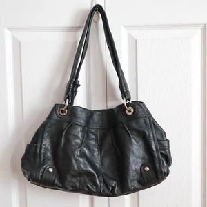 B Makowsky Black Leather Hobo Shoulder Bag Handbag Purse Leopard Print Lining - Picture 1 of 9