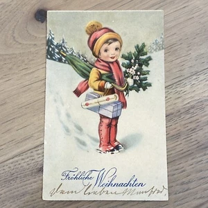 Deutsches Kind liefert Weihnachtspakete Fröhliche Weihnachten Postkarte 20er Jahre - Bild 1 von 2