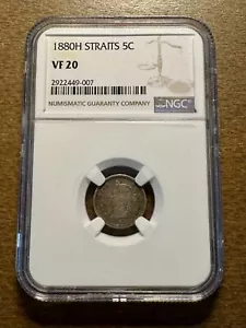 STRAITS SETTLEMENTS 1880-H 5 Cents NGC VF-20 Heaton Mint Scarce Only 90k Minted - Picture 1 of 4