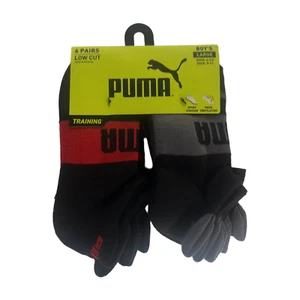 PUMA SOCKS BOYS X6 - LOW 253 - EDGE BLACK RED - LARGE SZ SHOE 4-9.5 -6 PACK - Picture 1 of 3