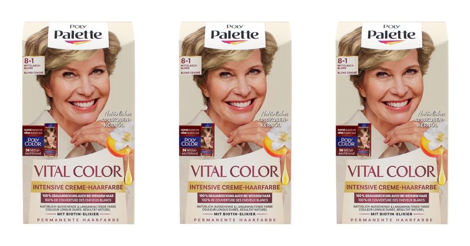 SCHWARZKOPF 3x Poly Palette Vital Color Intensive Creme-Haarfarbe 8-1 Mittelaschblond EA2719