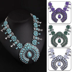 Bohemia Turquoise Squash Blossom Flower Fashion Necklace Pendant Chain Choker - Picture 1 of 14