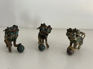 Chinese Cloisonne Filigree Foo Dogs Set Of 3 - Picture 1 of 13