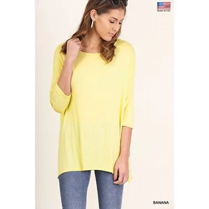 NEW NWT Boutique L Yellow 3/4 Sleeve Loose Fit Hi-Low Blouse Top Shirt Side Slit - Picture 1 of 2