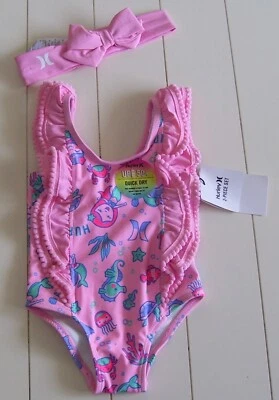 Niñas Hurley Rosa 1 Pieza Completamente Forrado Sirena Traje de Baño y Diadema con Lazo 12M Foto 1 de 4