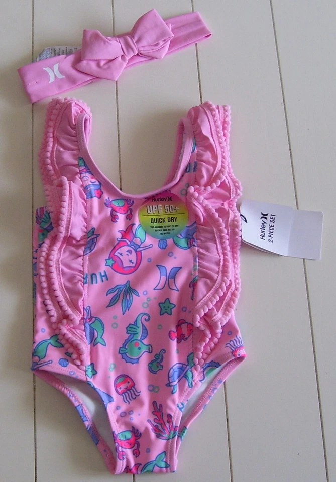Niñas Hurley Rosa 1 Pieza Completamente Forrado Sirena Traje de Baño y Diadema con Lazo 12M Foto 1 de 4