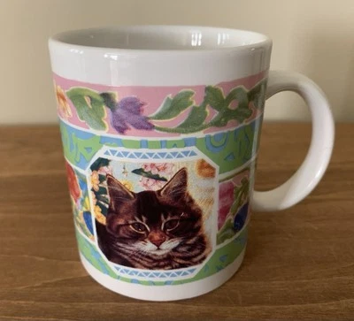 Taza de café de cerámica Gatos y flores gris y naranja Tabby Cats blanca multicolor Foto 1 de 4