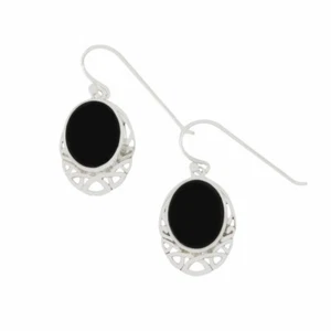Whitby Jet Drop Earrings Celtic Sterling Silver Oval DBJ566 - Picture 1 of 4