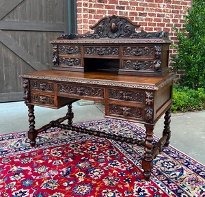 Antique French Desk Library Office Barley Twist Renaissance Revival Oak 19th C - Picture 1 of 23