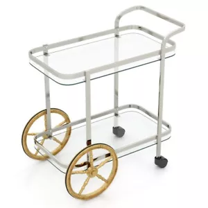 2-Tier Glass Bar Storage Serving Cart Kitchen Trolley W/ 2 Large Aluminum Wheels - Picture 1 of 9