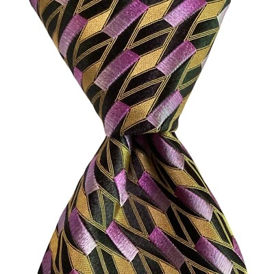 BACHRACH Men's 100% Silk Necktie Designer USA Geometric Gold/Black/Purple EUC - Image 1 of 3