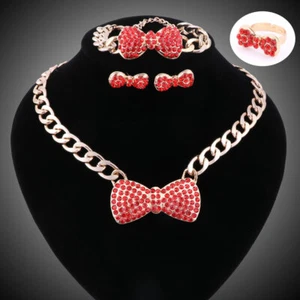 Collana fiocco strass placcato oro 18 carati moda donna set gioielli festa matrimonio - Foto 1 di 39