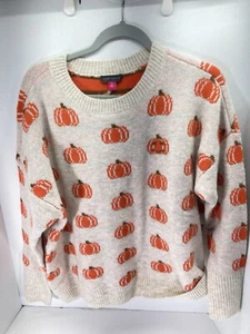 Vince Camuto Sweater Women Medium Beige AOP Pumpkin Long Sleeve Pullover NWOT - Picture 1 of 13