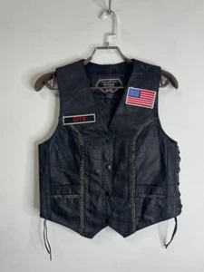 Vintage Black Leather Biker Vest Diamond Plate Genuine Leather Size M - Picture 1 of 8