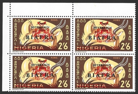 Nigeria | Sovereign BIAFRA 1968 Antelopes 2/6d BLOCK Scott #13 F/VF-NH CV $17.00 Cover