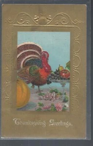 Postcard gilt THANKSGIVING Turkey & comport of fall fruit "Greetings" #249 - Picture 1 of 2