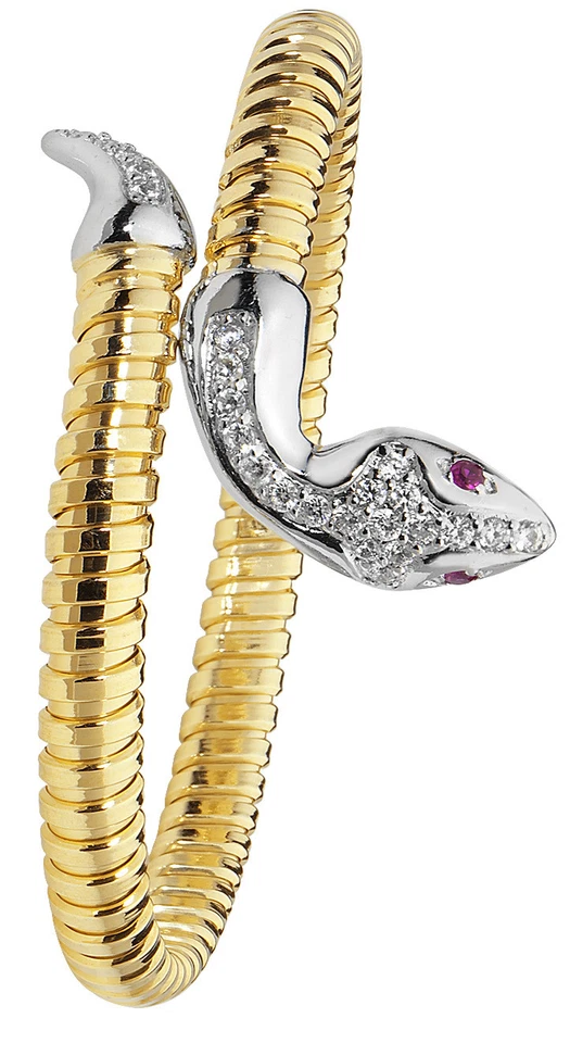 Yellow Gold Snake Bangle on Solid Sterling Silver Hallmarked Wrap Cuff - Image 1 of 1