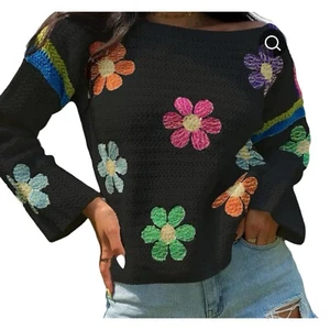 Floral Ebroidered Boho Long Sleeve Knit Sweater - Small - Picture 1 of 8