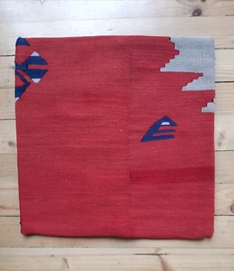 Square Bulgarian Kilim Pillow, Red Ethnic Wool Cushion Cover Throw Pillow 16x16" - Picture 1 of 2