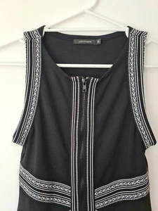 Portmans Womens Bodycon Dress Black 8 Front Zip White Embroidery Sleeveless - Picture 1 of 7