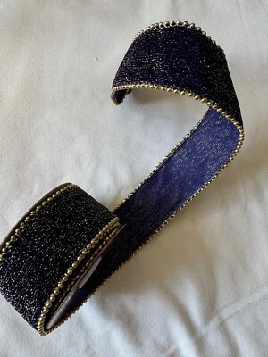 2 ROLLS Deep Purple Black Velvet Gold Glitter Bead Dot 2" Ribbon Craft Wired - Image 1 of 4