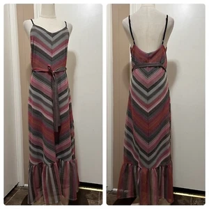 RACHEL ROY Women's Metallic Chevron-striped Ruffle-hem Mesh Maxi Dress Size L - Picture 1 of 12