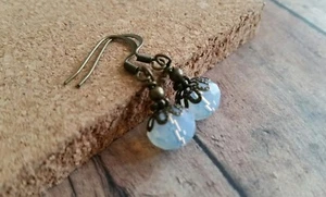 Czech glass beaded earrings, vintage style, Milky white, bronze, bronze - Picture 1 of 3