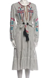 FIGUE Large Noor Embroidered Pinstripe Peasant Tassel Midi Dress retail $695 - Picture 1 of 8