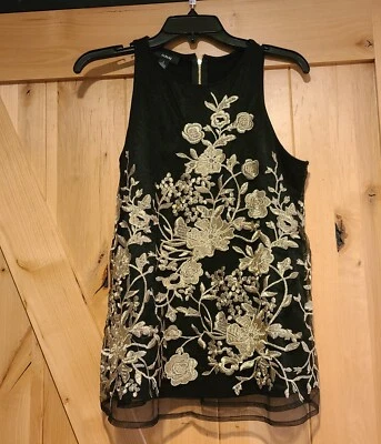New! Women's S Alfani Sleeveless Tank Blouse - Gold Metallic Floral Tulle Layer - Image 1 of 4