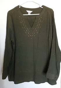 Cj Banks.  Größe 2X.  Rayon Poly Gaze Pullover Relaxed Fit Oberteil.  Roll Tab. Olive - Bild 1 von 3