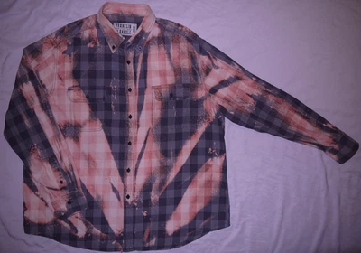 Camisa masculina FRANKLIN FLANNELS L upcycled tingida de alvejante xadrez cinza Tennessee EUA VINTAGE - Imagem 1 de 3