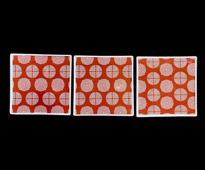 3 x Crate & Barrel Square Dessert Appetizer Plates Retro Orange White Circles - Image 1 of 4