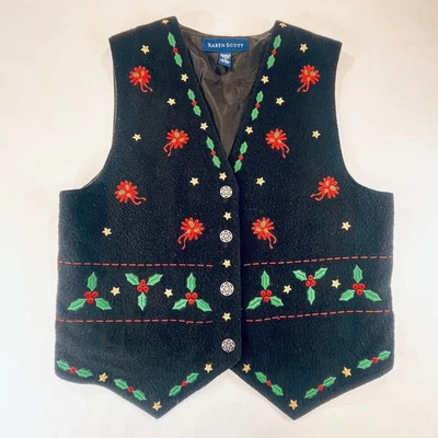 VTG Karen Scott Christmas Vest Womens M Black Holiday Holly Star Embroidery Tie - Image 1 of 4