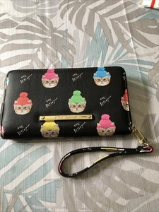 Betsey Johnson Black Wallet With XOX Cats With Hats & Glasses 8.5”x 5” - Picture 1 of 3