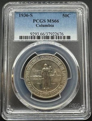 1936-S COLUMBIA SESQUICENTENNIAL COMMEMORATIVE SILVER HALF DOLLAR PCGS MS66 1XFB - Image 1 of 4