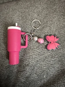 Hot Pink & White Mini Tumbler Keychain, Chapstick Holder With Butterfly Charm - Picture 1 of 7