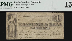 KEATINGE & BALL 1864 Low Serial #5 $1 So. Carolina Confederate Currency PMG F15 - Picture 1 of 5